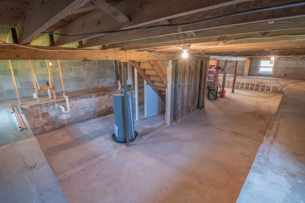 An unfinished basement showing exposed floor framing, plumbing and a water heater.